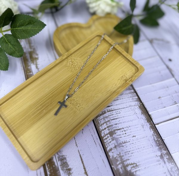 Paperclip Necklace with Cross Pendant Silver