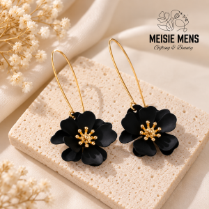 Flower Drop Hoop Earring Black
