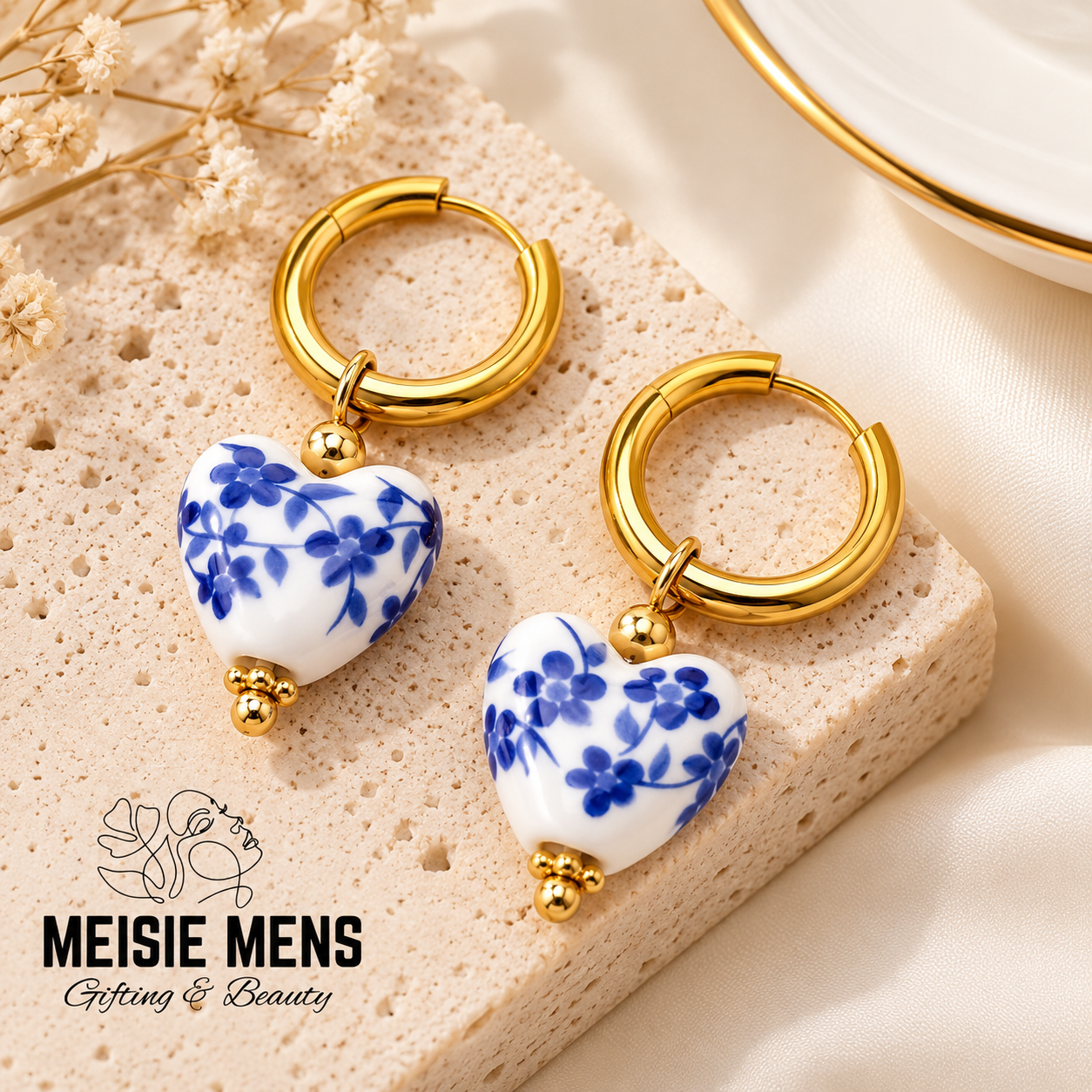 Blue Willow Heart Hoop Earrings