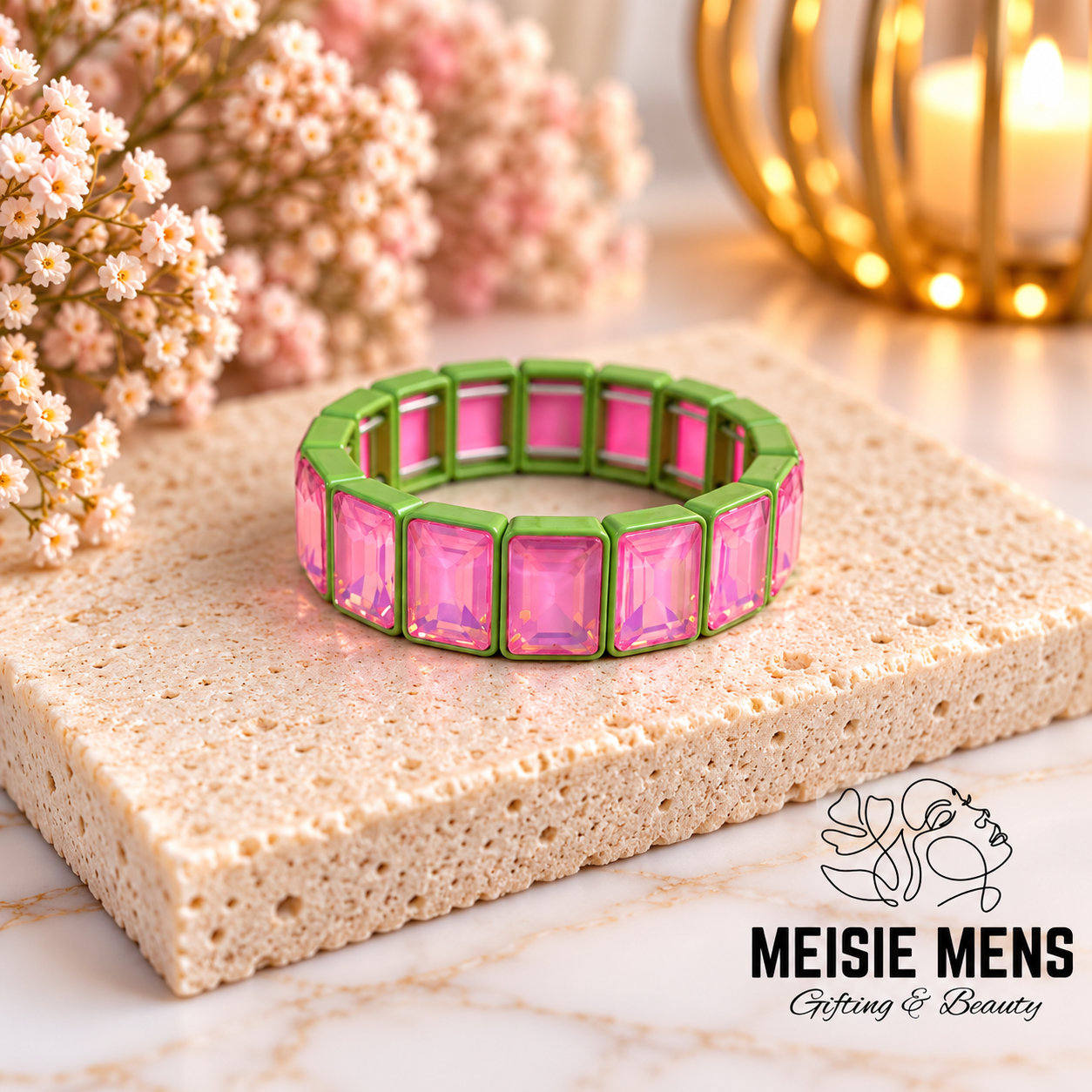Crystal Square Bracelet L - Green Pink