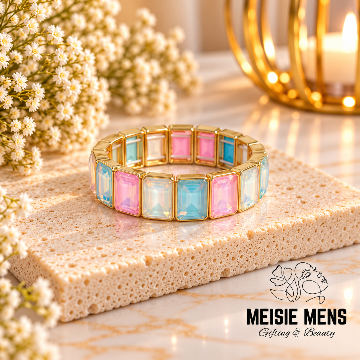 Crystal Square Bracelet L - Pastel Pink